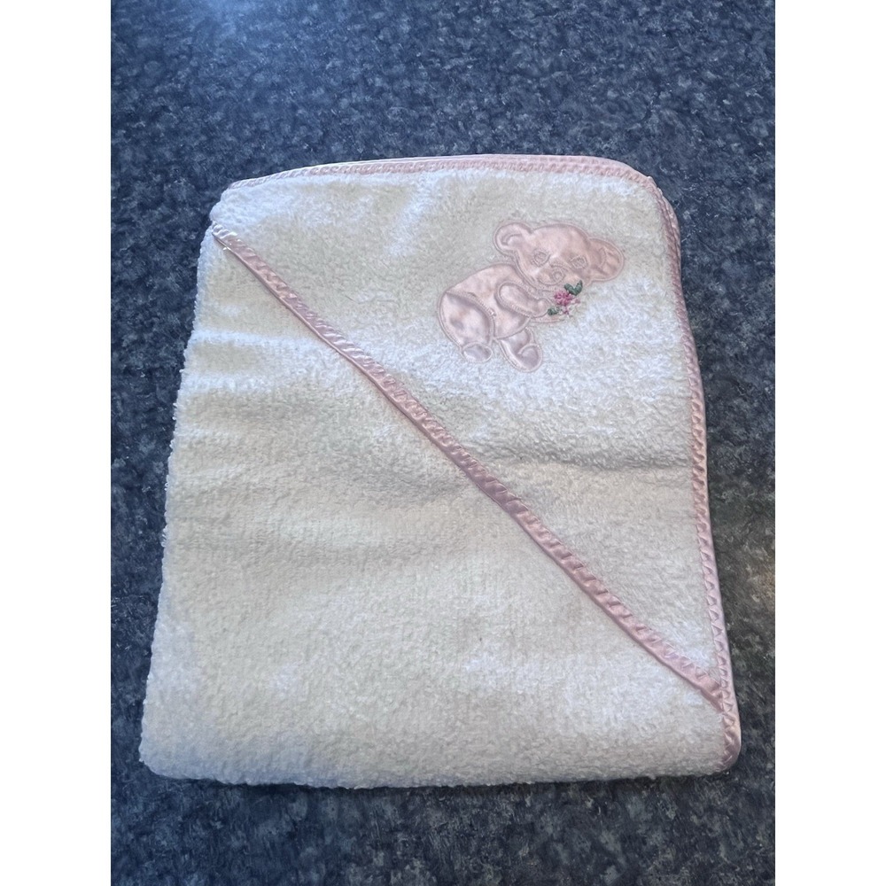 Vintage 90s Saks Fifth Avenue Baby Hooded Towel-NEW-white w/pink Trim And Bear